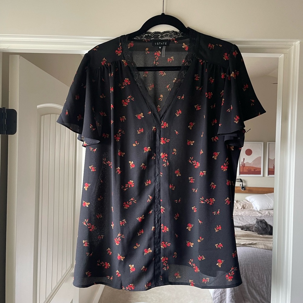 Black floral top with lace trim